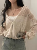Summer New Age-Reducing Hollow Jacquard Drawstring Hem Long Sleeve Hooded Lace Coat - Apricot
