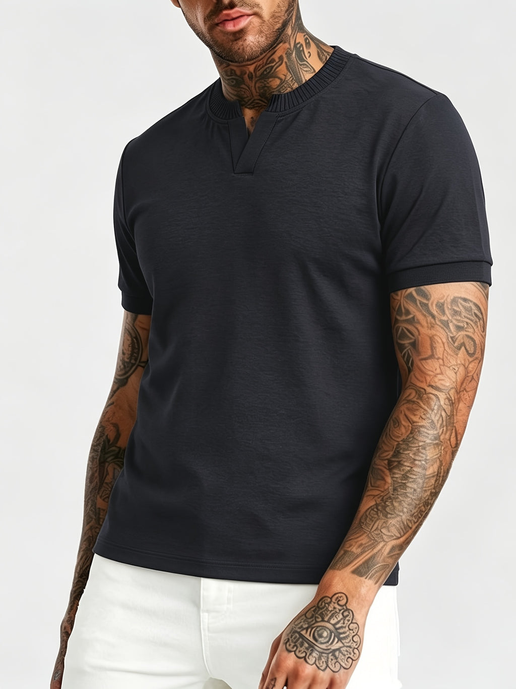 [Pearson OBM] Summer Cool Short Open V-Neck Men'S Henley Shirt, Stretchy Comfortable Solid Base Layer, Breathable And Flat Fit, Practical Men'S Birthday Gift Holiday Item, All-Scene Wear for Fitness, Hiking, Home, And Vacation - Black
