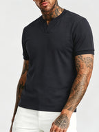 [Pearson OBM] Summer Cool Short Open V-Neck Men'S Henley Shirt, Stretchy Comfortable Solid Base Layer, Breathable And Flat Fit, Practical Men'S Birthday Gift Holiday Item, All-Scene Wear for Fitness, Hiking, Home, And Vacation - Black