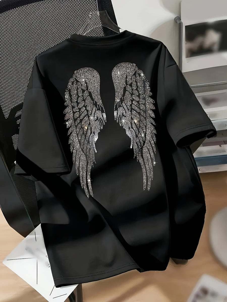 Y2K Wing Print Graphic T-Shirt for Men & Women - Oversized Relaxed Fit Short Sleeve Top with Applique, Breathable Summer Casual Shirt, Machine Washable, Unisex Clothing, Drop Shoulder Design, Stretchy Fabric, Durable Applique - Black