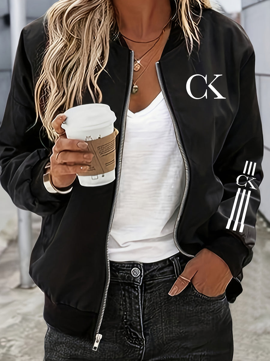 2026 Fashionable Individual Round Neck Design Women'S New Jacket Coat Carnival Letter Pattern Printed Top Casual Open Front Zippered Jacket, Circle - Black
