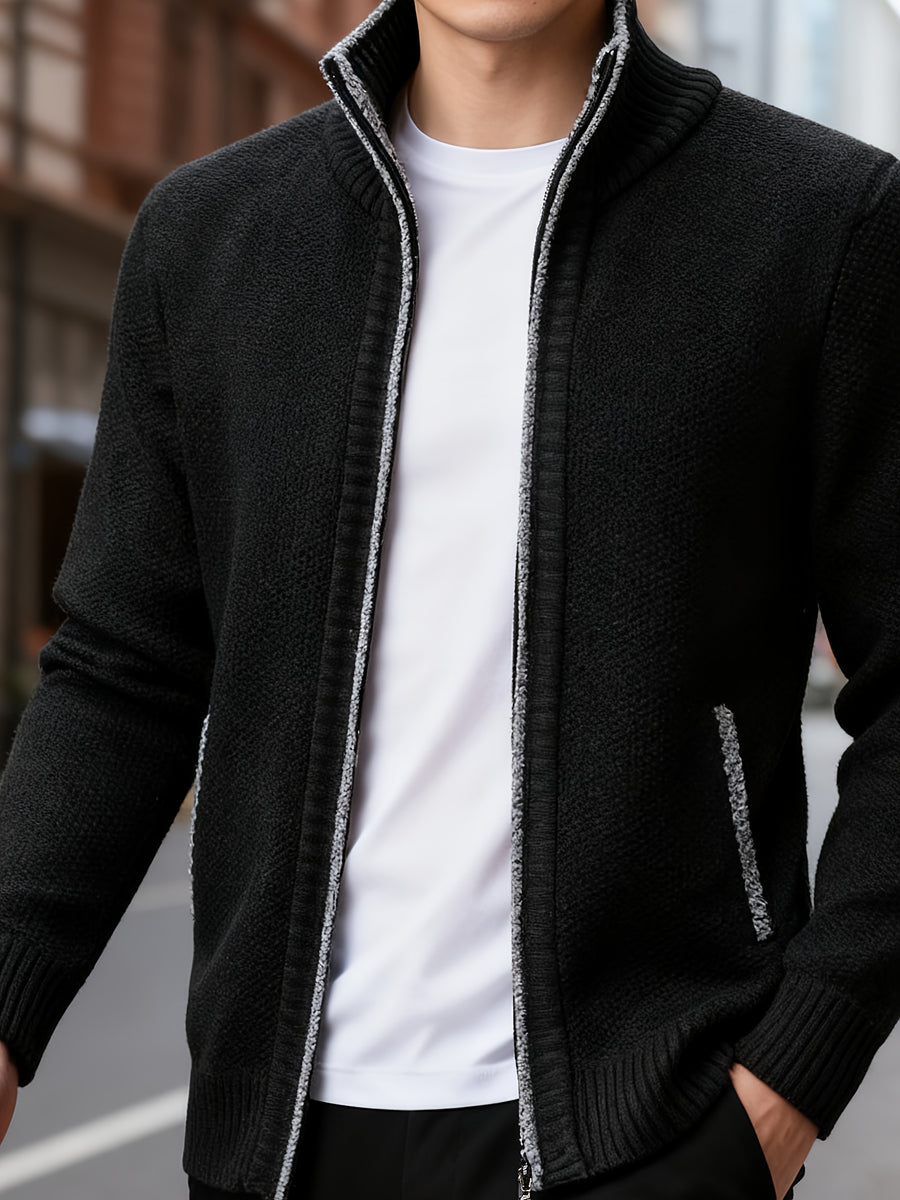 1pc Men's Knitted Cardigan Stand up Collar Jacket with Multiple Colors to Choose From, Simple and Stylish Design, Easy to Match with Shirt/T-shirt, Perfect for Commuting and Leisure, Showcasing Elegant Temperament (only One Jacket) - Black
