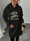 Autumn and Winter Fleece Hoodie Dress with Fashion Trend Print Kangaroo Pocket, Women's Casual Dress, Women's Casual Hoodie - Black