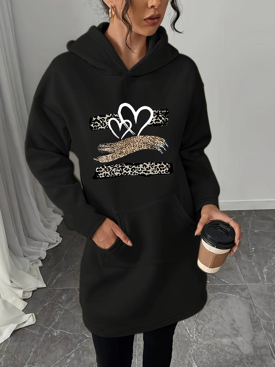 Autumn and Winter Fleece Hoodie Dress with Fashion Trend Print Kangaroo Pocket, Women's Casual Dress, Women's Casual Hoodie - Black