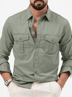 Men'S Multicolor Dress Shirt Multi-Pocket Casual Long Sleeve Top - Matcha Color