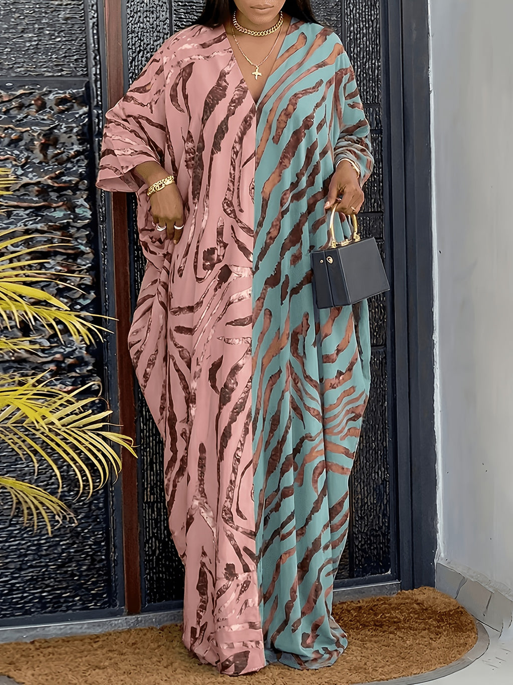Women'S Zebra Print Contrast V-Neck Long Sleeve Dress - Spring New Loose Casual Vacation Style Maxi Dress - Mixed colors