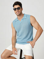 Summer Vacation Style Men'S Textured Knit Vest, Sleeveless Lapel Breathable Beach Top - Sky Blue