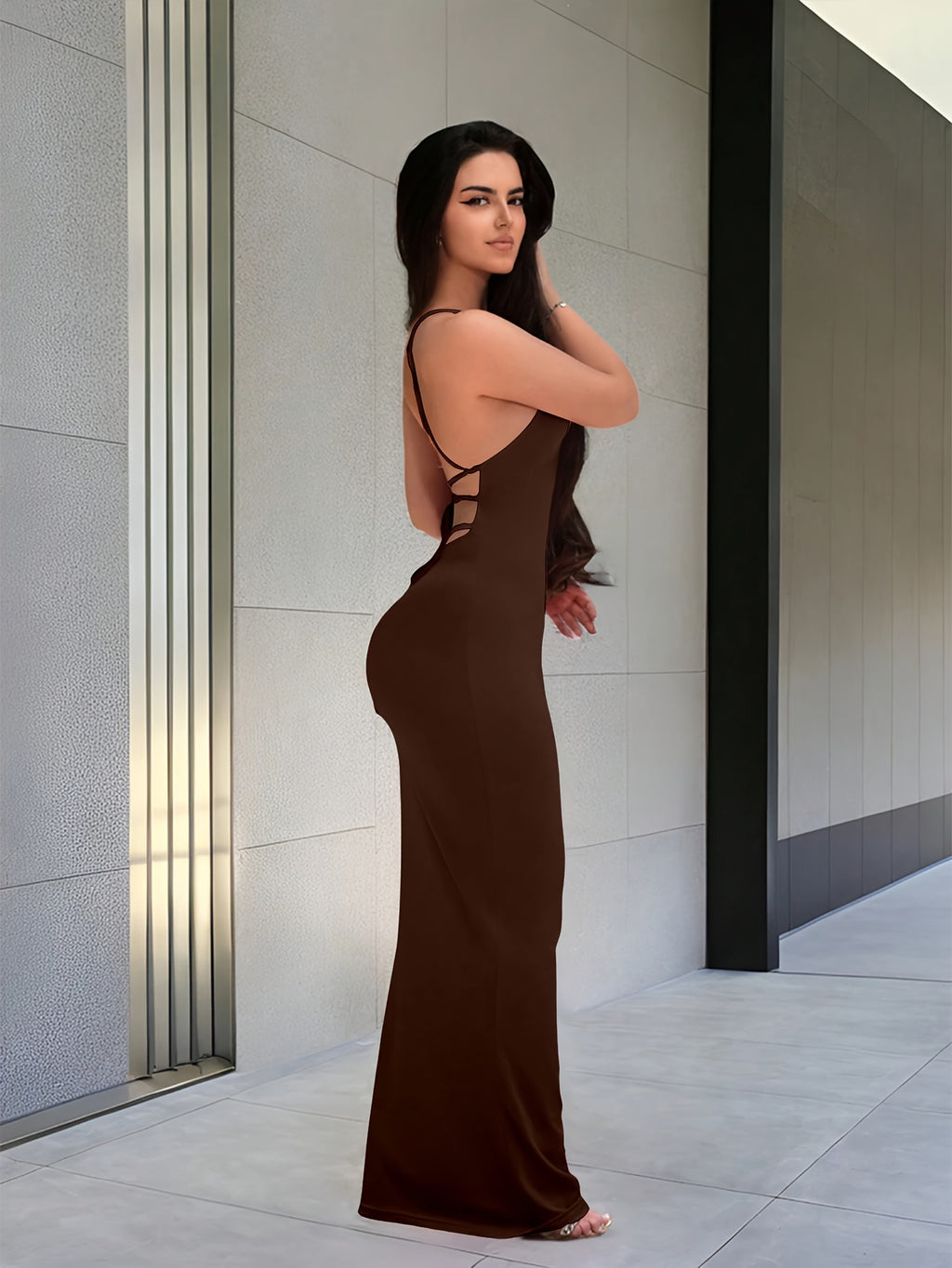 Women'S Solid Color Thin Strap Backless Sleeveless Coffee-Colored Dress - Coffee Brown