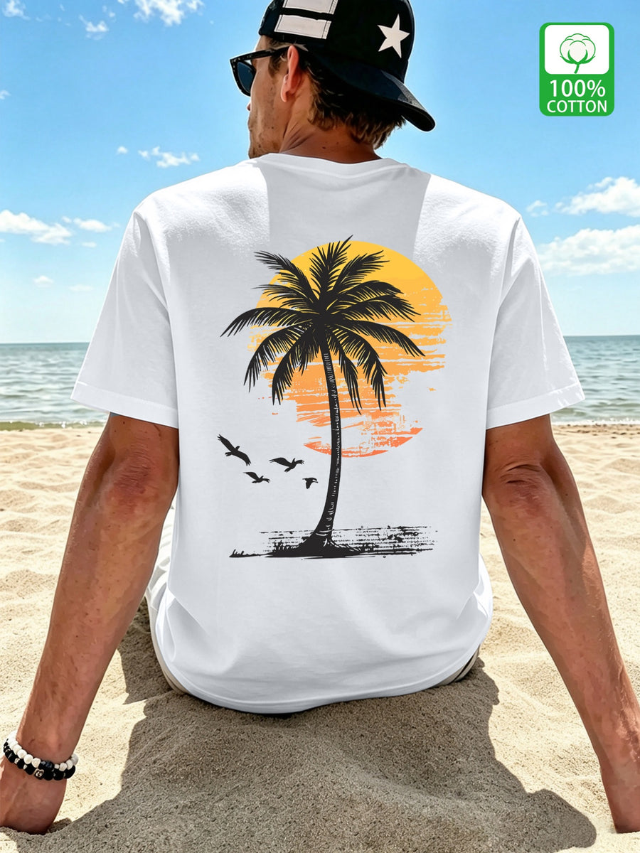 Men's New Style Pure Cotton Short Sleeve Crew Neck T-Shirt with Palm Tree Sunset Print, Suitable for Vacation, Daily Casual Wear, Comfortable, Soft, Breathable, Summer Essential - White