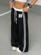 Women'S Athletic Spring/Summer Digital Print Belt Patchwork Casual Athletic Street Retro Style Loose Athletic Pants - Black