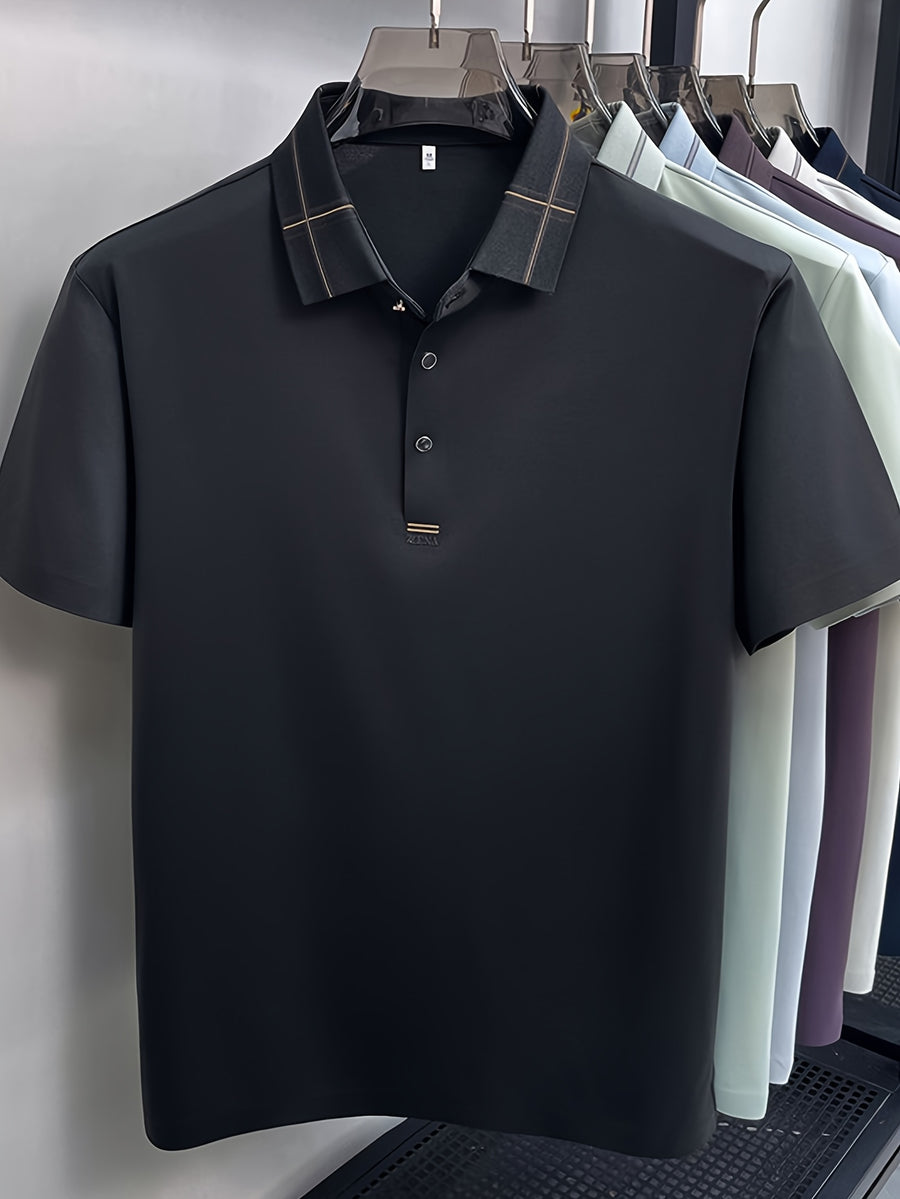 Men's Summer Polo Shirt with Plaid Contrast Collar, Seamless Construction for a Restrictive-Free Feel, a Comfortable Choice for Summer Commuting, Outdoor Activities, and Business Meetings - SINBOS - Black