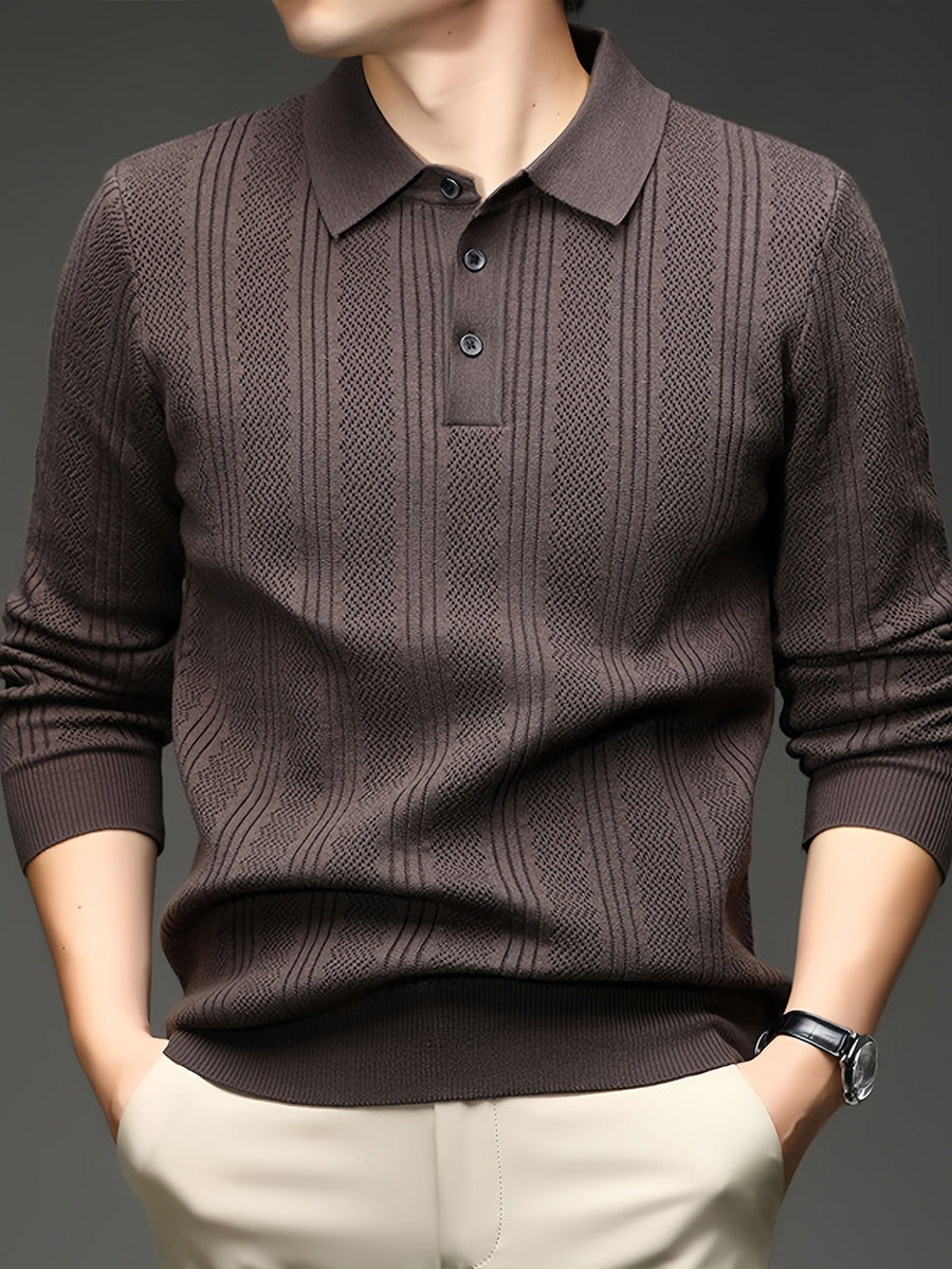 Autumn Renewal 1pc: Black Knitted Long-Sleeve Polo Shirt for Middle-Aged Men, Vertical Stripe Jacquard, Three-Button Lapel, Business Casual, Slim Fit for Spring/Autumn, Commuting and Daily Layering Top - Coffee Color