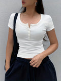 Women's Solid Color Low-Neck Short Sleeve - White
