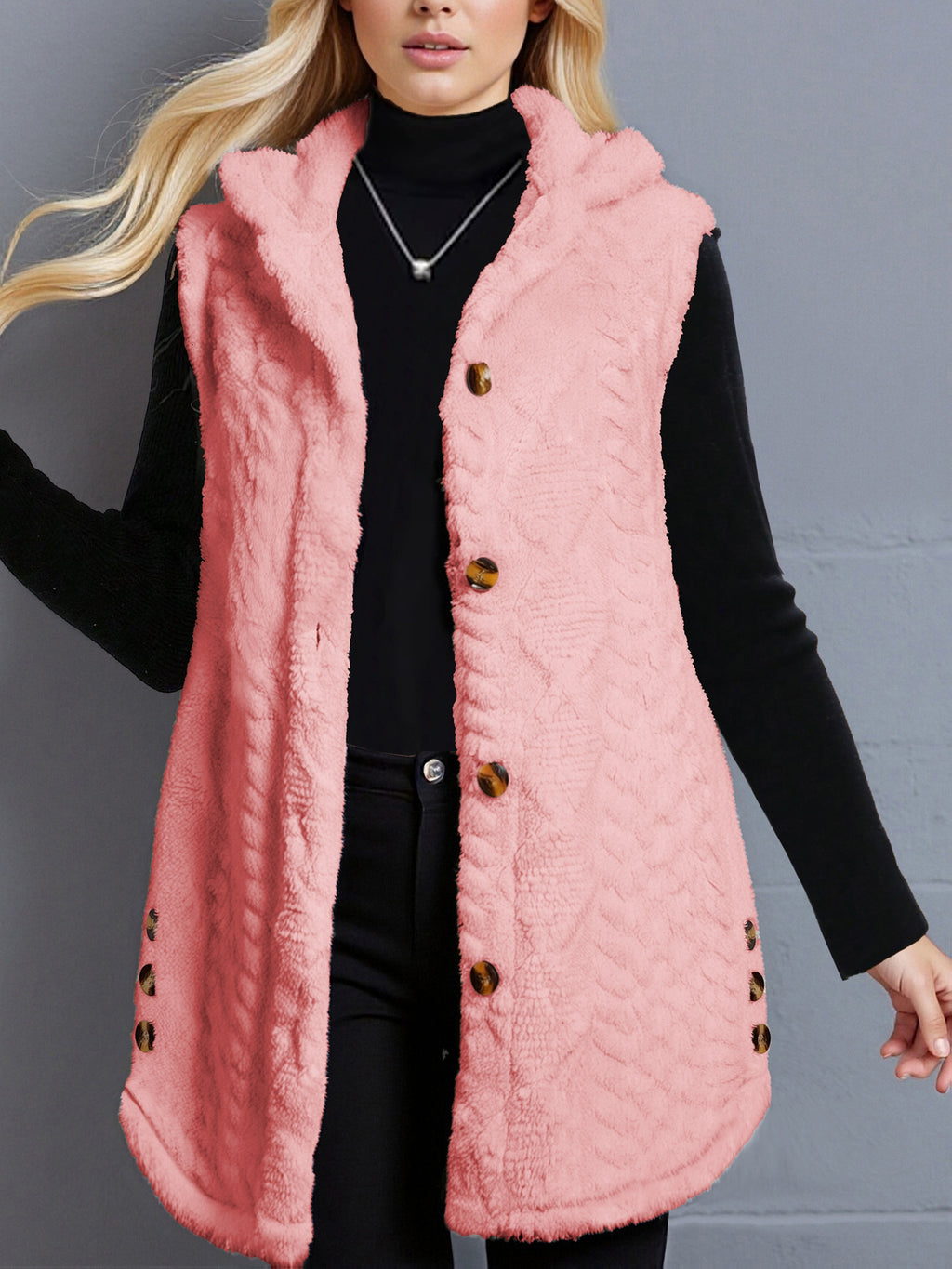 Women'S Adult Winter Casual Daily Jacquard Diamond Double-Faced Fleece Warm Fleece Pullover Vest Jacket - Peach