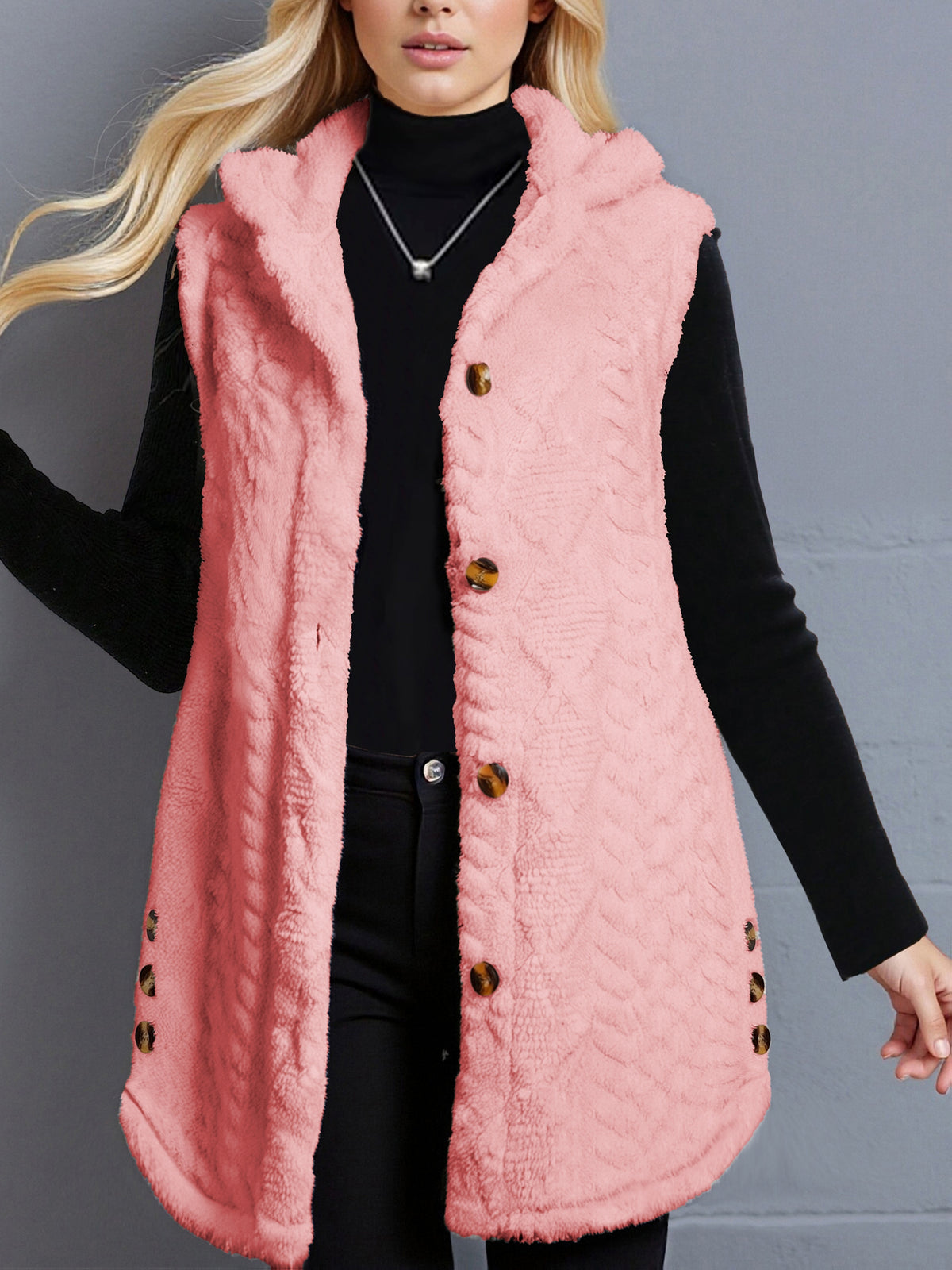 Women'S Adult Winter Casual Daily Jacquard Diamond Double-Faced Fleece Warm Fleece Pullover Vest Jacket - Peach