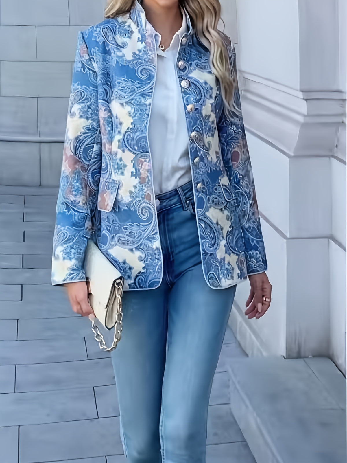 ZJ0911026 Fashion Retro Style Single-Breasted Small Stand-Up Collar Suit Floral Print Long Sleeve Jacket - Mixed colors