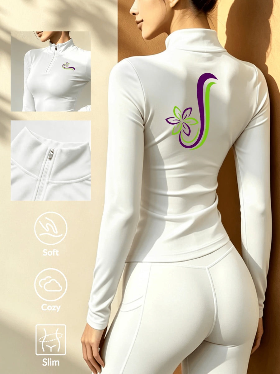 Stand-Collar Half-Zip Long Sleeve T-Shirt, Autumn Winter Warm Semi-High Neck Base Layer Top - White