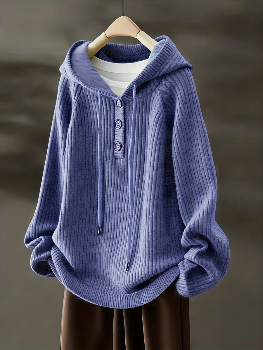 Autumn Winter Women'S Fashion Ribbed Cloud Plush Casual Hoodie - Navy Color