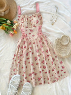 Elegant Floral Print O-Ring Decorated Front Pleated Stretchy Lace Waist Cross Tie Bow Strap Dress with a Back Zipper A-Line Flared Design, Perfect for Vacation And Seaside Elegant Parties - Pink