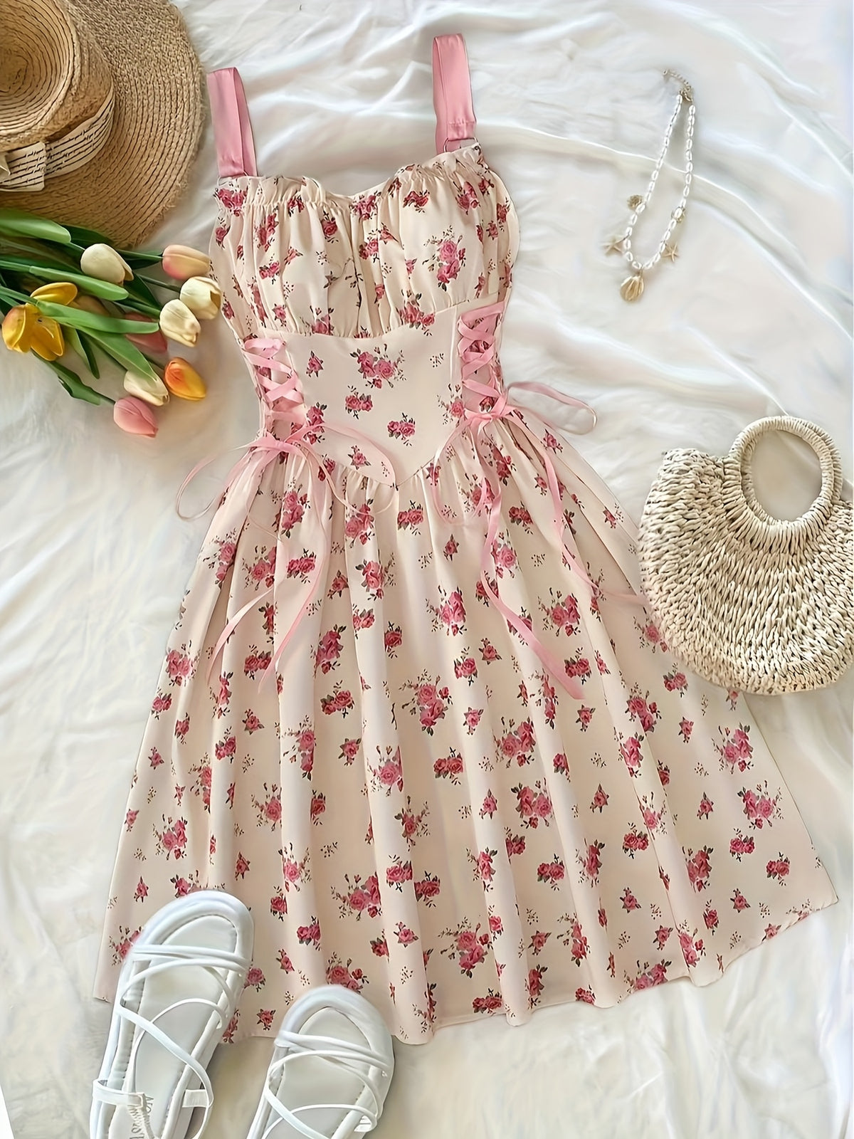 Elegant Floral Print O-Ring Decorated Front Pleated Stretchy Lace Waist Cross Tie Bow Strap Dress with a Back Zipper A-Line Flared Design, Perfect for Vacation And Seaside Elegant Parties - Pink