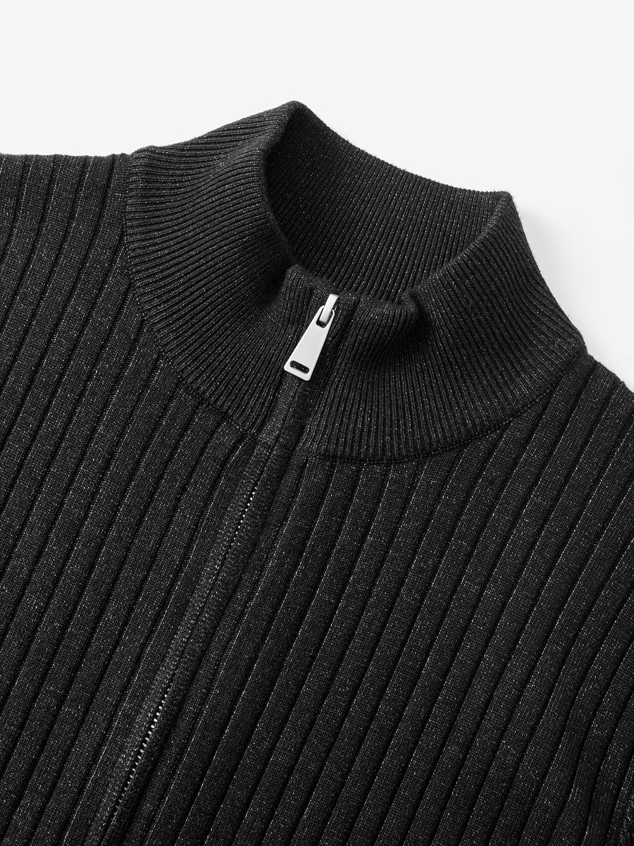 2026 Spring/Fall New Men'S Knitted Rib-Striped Zip-Up Cardigan | Stand Collar, Medium Stretch Fabric, Long Sleeve, Casual And Versatile Fit Minimalist Layering - Black Gray