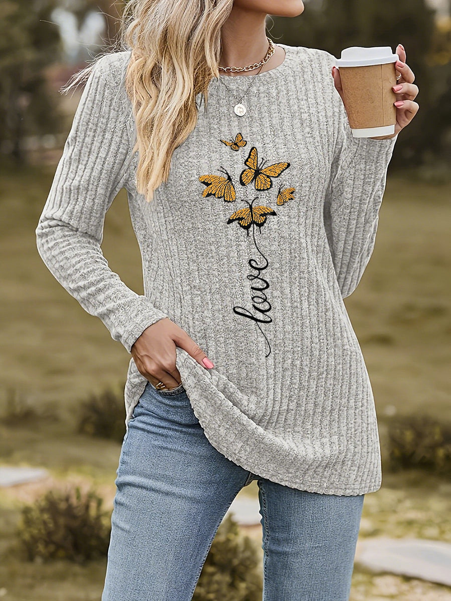 New Autumn And Winter Round Neck Brushed Ribbed Butterfly Print Long Sleeve T-Shirt Base Layer - Grey