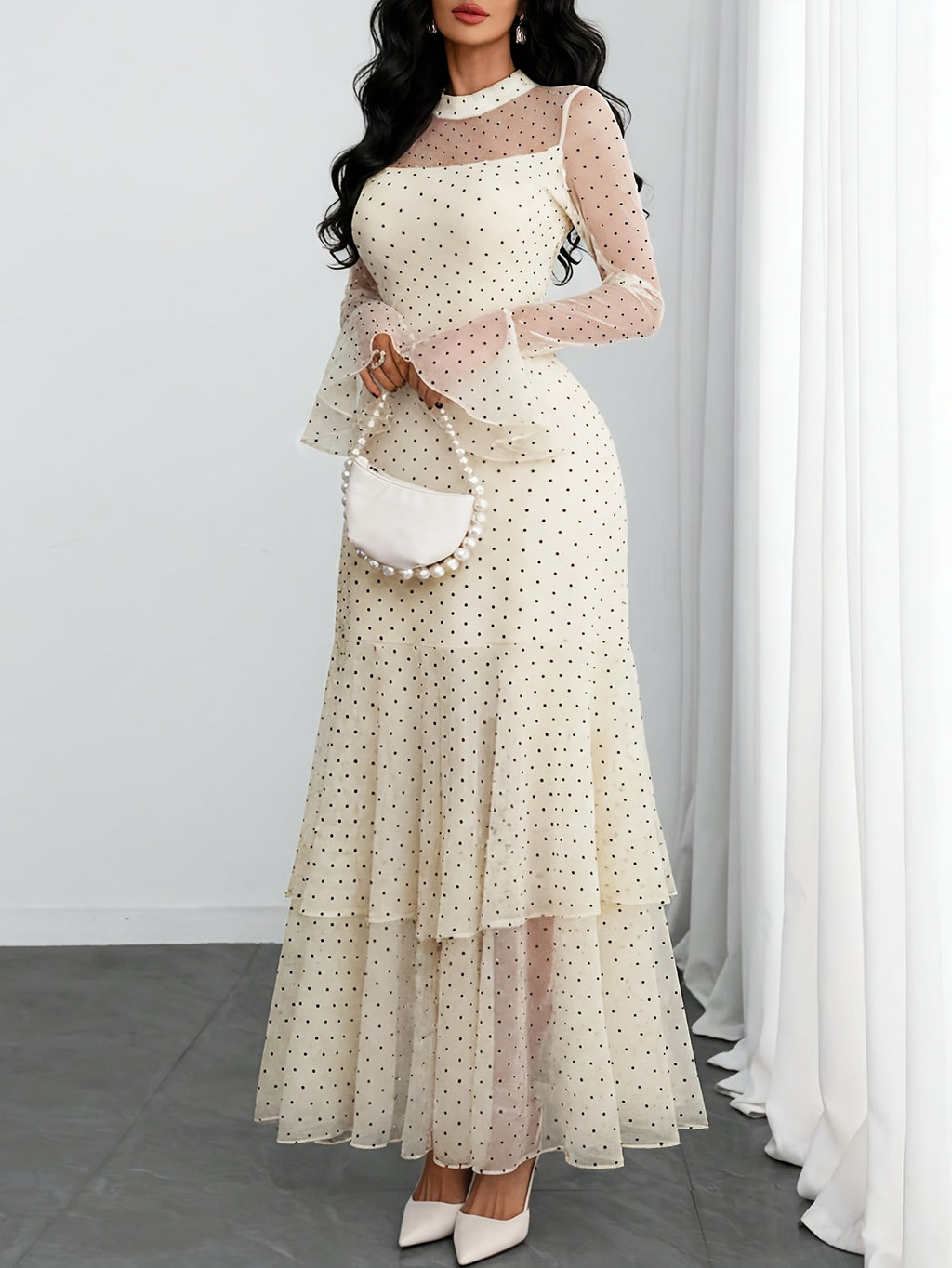 Women'S Romantic Sexy Elegant Modern Polka Dot Printed Stand Collar, Waist Double Slit Multi-Layered Skirt Dress, Suitable for Dates, Vacations, And Casual Wear, Belt Not Included - Beige