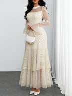 Women'S Romantic Sexy Elegant Modern Polka Dot Printed Stand Collar, Waist Double Slit Multi-Layered Skirt Dress, Suitable for Dates, Vacations, And Casual Wear, Belt Not Included - Beige