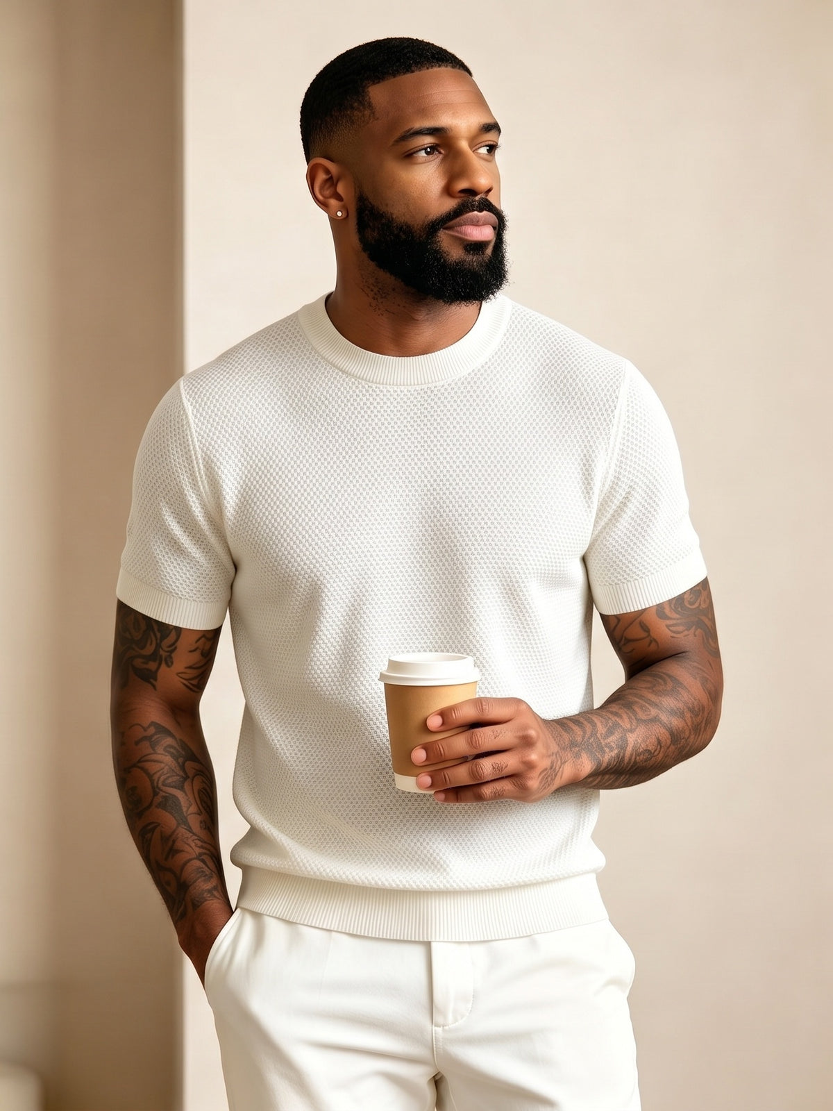 Men'S Easy Casual Short-Sleeve Knit Top, Made of Pure with Fine Mesh Texture, Skin-Friendly And Breathable, Relaxed Casual Style, Classic Versatile Design with Exquisite Details, Solid Color for a Warm And Easy Look - White