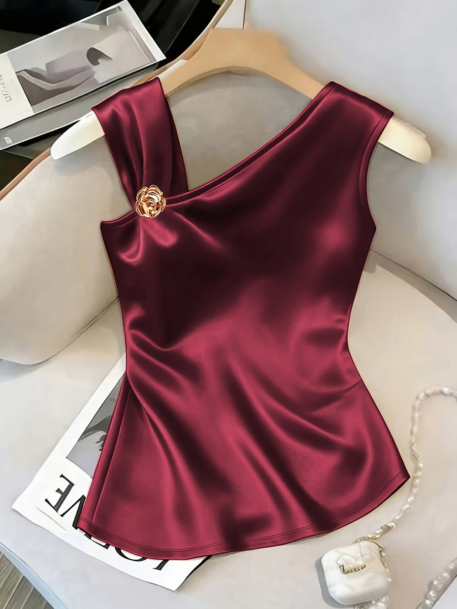 Women'S Elegant Asymmetrical Shoulder Textured Fabric Rose Floral Decoration Button Niche Design Vest Top - Burgundy