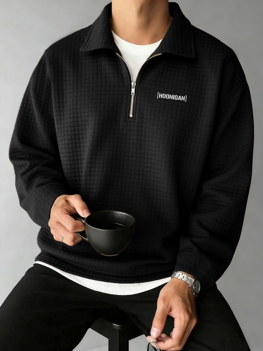 HOONIGAN Men's Printed Half-Zip Fashion Waffle Knit Texture Autumn/Winter Simple Casual Versatile Sporty POLO Shirt Sweatshirt, New Autumn/Winter Long-Sleeve Lapel Top, Comfortable and Breathable Fabric, Valentine's Day Gift, Preferred Birthday Gift - Black
