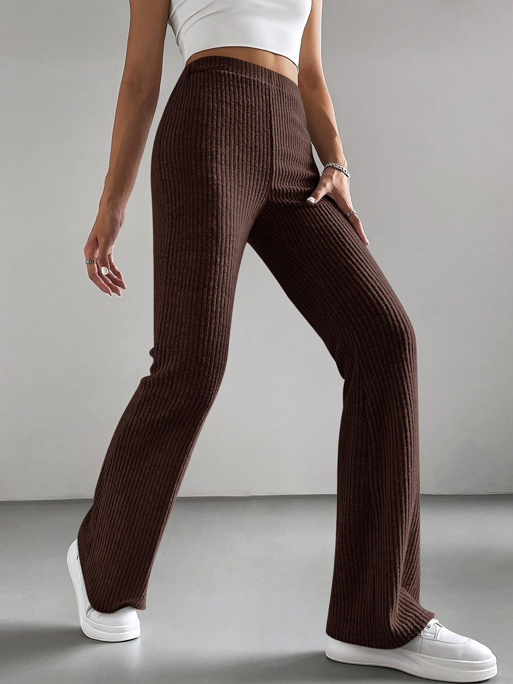 High-Waisted, Elastic Waist Straight-Leg Pants in Light with Small Ribbed Texture And a Slight Flare - Coffee Color