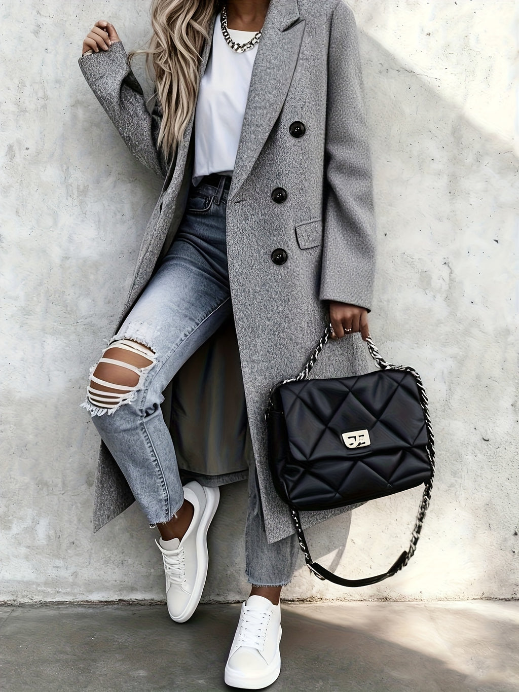 Over-The-Knee Long Premium Design Style Long Sleeve Trench Coat Women'S New Suit Collar Double-Breasted Casual Coat Jacket - Grey