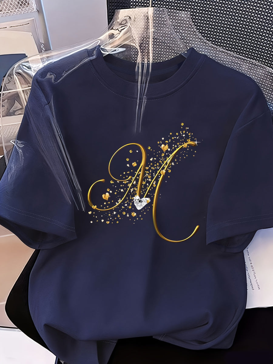 Women's Casual Short Sleeved T-shirt - M Letter Pattern Print, Regular Round Neck Top, Suitable for All Seasons, Women's Clothing - Navy Color