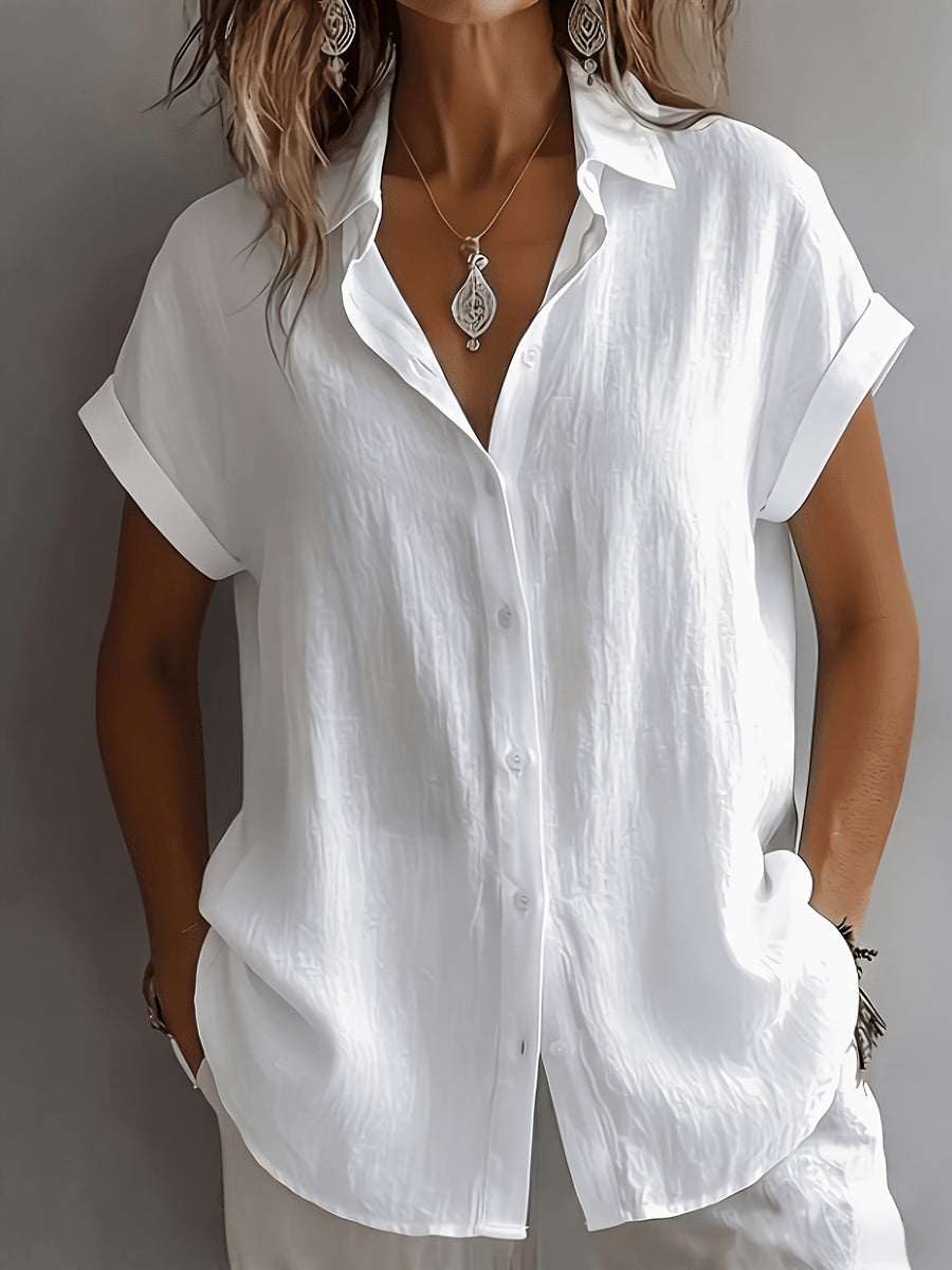 Women'S Elegant Vacation Style Short Sleeve Top, Loose Lazy Shirt, Commute Casual Literary Style, And Covering, Daily Temperament Style, Loose Drape, Breathable And Comfortable - White