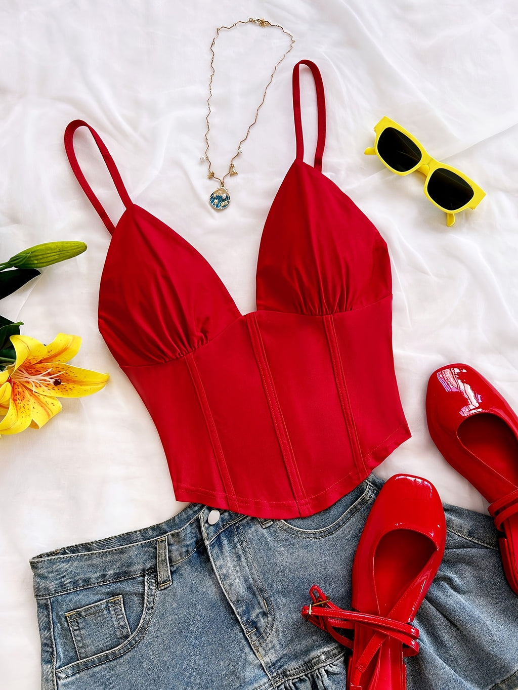 Sexy V-Neck Sleeveless Solid Color Cross Vest, Suitable for Dating, Bohemian Style, Vacation, Autumn Wear, Women'S Clothing, Retro Style, Holiday Theme, Tank Top - Red