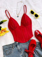 Sexy V-Neck Sleeveless Solid Color Cross Vest, Suitable for Dating, Bohemian Style, Vacation, Autumn Wear, Women'S Clothing, Retro Style, Holiday Theme, Tank Top - Red