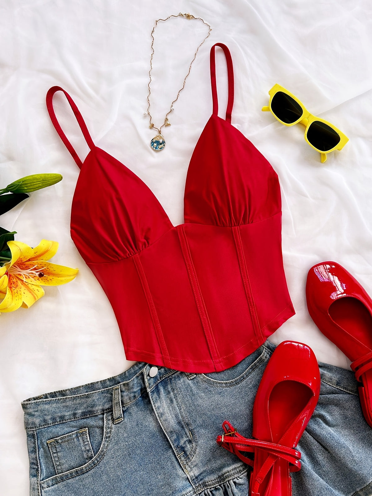 Sexy V-Neck Sleeveless Solid Color Cross Vest, Suitable for Dating, Bohemian Style, Vacation, Autumn Wear, Women'S Clothing, Retro Style, Holiday Theme, Tank Top - Red