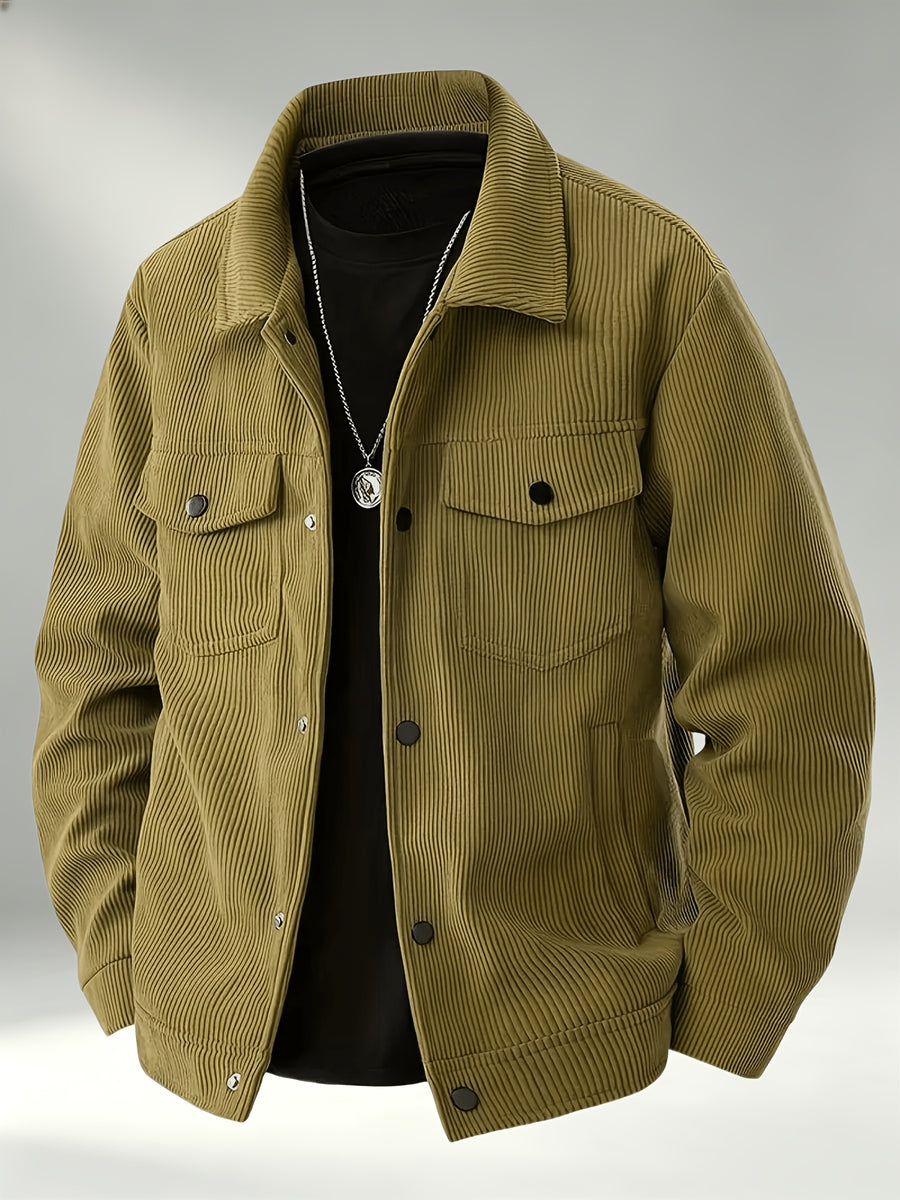 Men'S Trendy Corduroy Lapel Cargo Jacket Solid Vertical Texture Casual Long Sleeve Jacket Commuter Top - Khaki