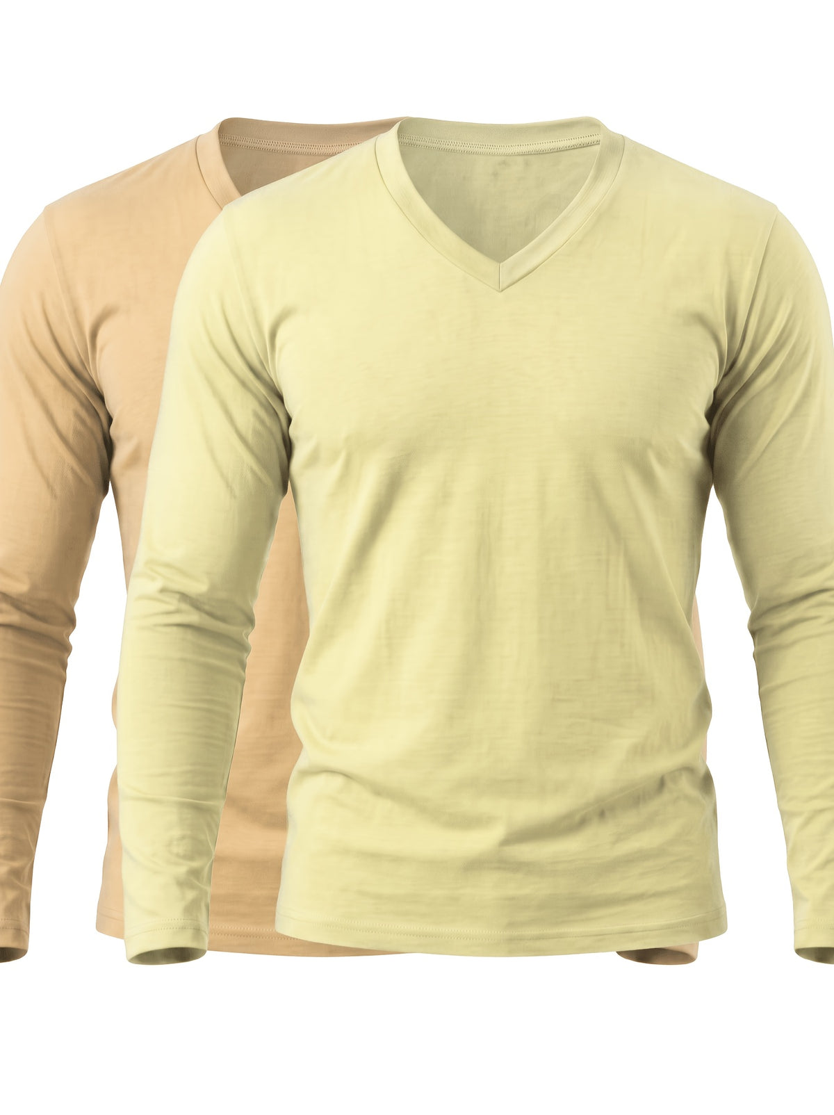 2pcs Set of Cool Fresh V-Neck Long Sleeve T-Shirts, Smooth Elastic Fabric Men'S Top Western Summer Soft Fabric, T-Shirt Home Wear Men'S Casual Top, Inner Layer, Multi-Scene, Suitable for Various Styles, Travel, Business, Golf, Countryside Travel - Light Apricot+Khaki