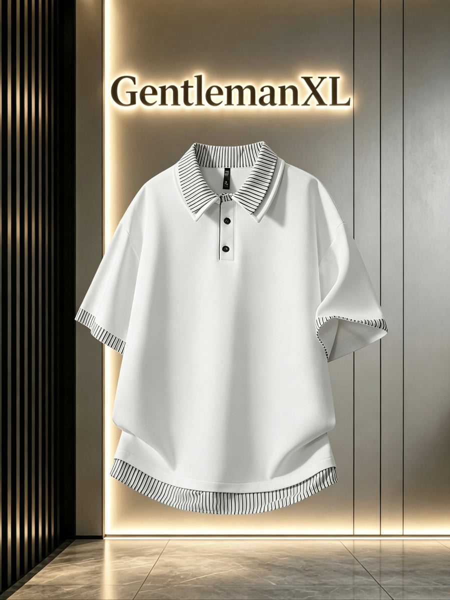 Men's Summer Color-Block Striped Patchwork 2-in-1 Look Polo Shirt, Unisex Loose Fit Tummy Control Draped Casual Short Sleeve T-Shirt - White