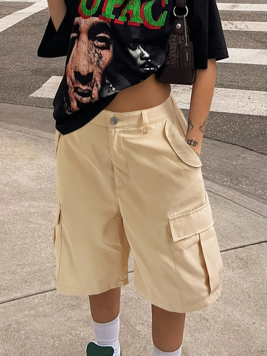 Y2K Street Fashion Khaki Flip-flap Pocket Loose Wide-leg Pants, Women's Simple Casual Multi-pocket Knee-length Shorts - Khaki