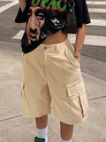 Y2K Street Fashion Khaki Flip-flap Pocket Loose Wide-leg Pants, Women's Simple Casual Multi-pocket Knee-length Shorts - Khaki