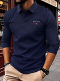 Men's New All-Season Knitwear Classic Lapel Long Sleeve 2-in-1 Look Polo Shirt, Featuring a Stylish and Minimalist Geometric Print Stripe Design, with a Color-blocked Collar and Layered Shirt Style. Made from Skin-friendly, Breathable, and Soft - NW Navy Blue