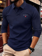 Men's New All-Season Knitwear Classic Lapel Long Sleeve 2-in-1 Look Polo Shirt, Featuring a Stylish and Minimalist Geometric Print Stripe Design, with a Color-blocked Collar and Layered Shirt Style. Made from Skin-friendly, Breathable, and Soft - NW Navy Blue