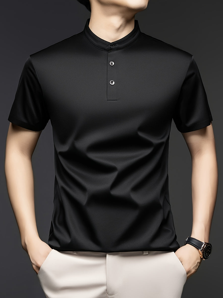 Joshime OBM Men's T-Shirt, New Summer Style, Men's Stand Collar Solid Color Short Sleeve Tee, Middle-Aged Casual Half-Sleeve T-Shirt - Black