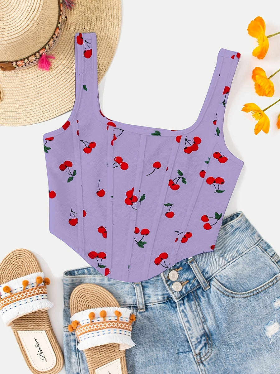 Fashion Cherry Print Cami Bodycon Short Vest Statement Backless Women'S Outerwear - Purple