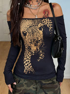 Women'S Casual Fashion Off-Shoulder Sexy Top with Printed Pattern, Long Sleeve - Black