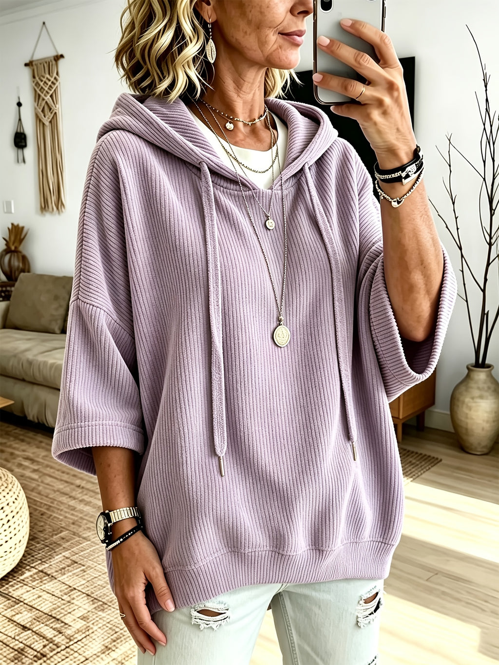 Plus Size - Women'S Casual Corduroy Drawstring Hooded Sweatshirt, Classic Versatile Hooded Top Elegant Women'S Top, Loose Fit Comfortable Sweatshirt Suitable for Commute And Casual Wear Spring/Autumn Clothing - Lavender