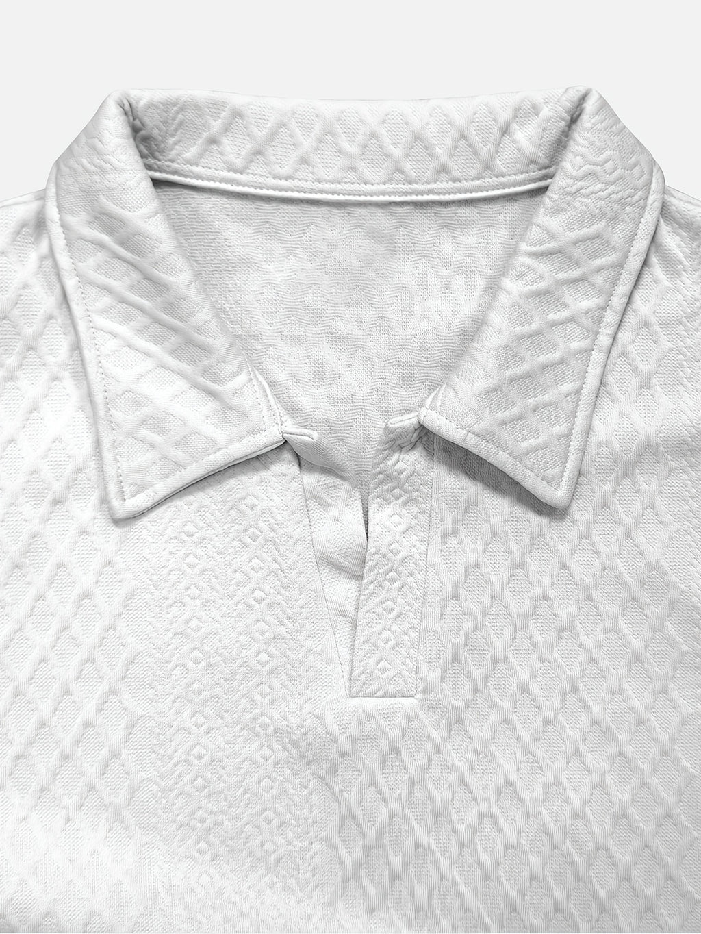 Premium Rhombus Men's Long Sleeve Polo Shirt with Notched Lapel and Small V-Neck Design, a Top for Men's Commuting and Party Wear (Texture Random) - White